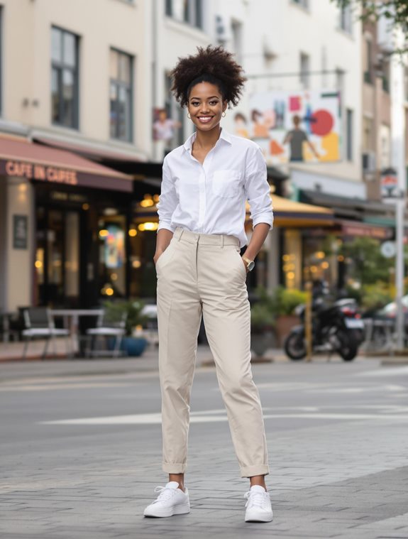 chic sneakers smart trousers