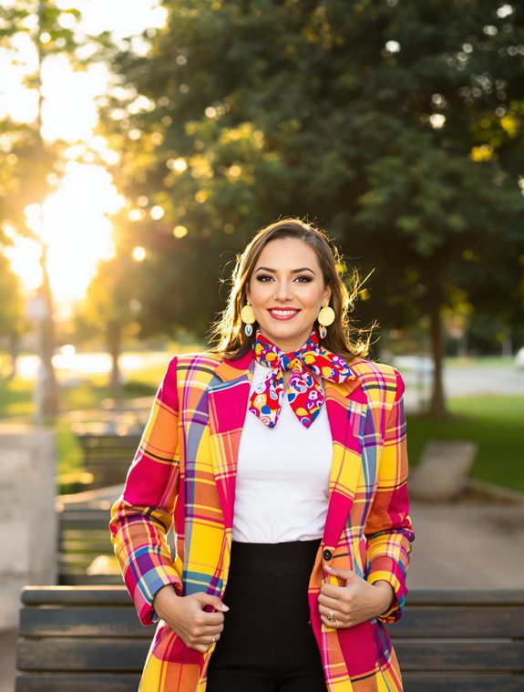 colorful patterned blazer outfit