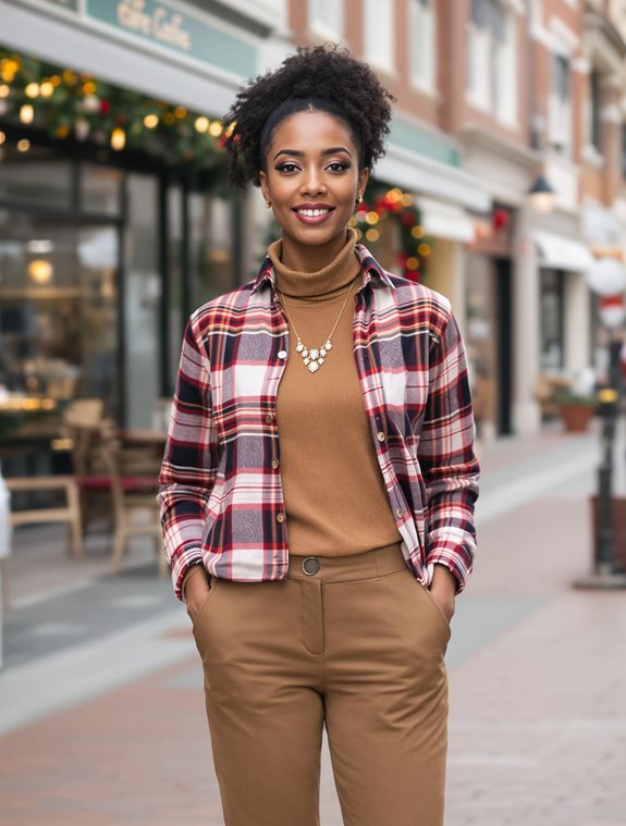 layered turtleneck flannel outfit
