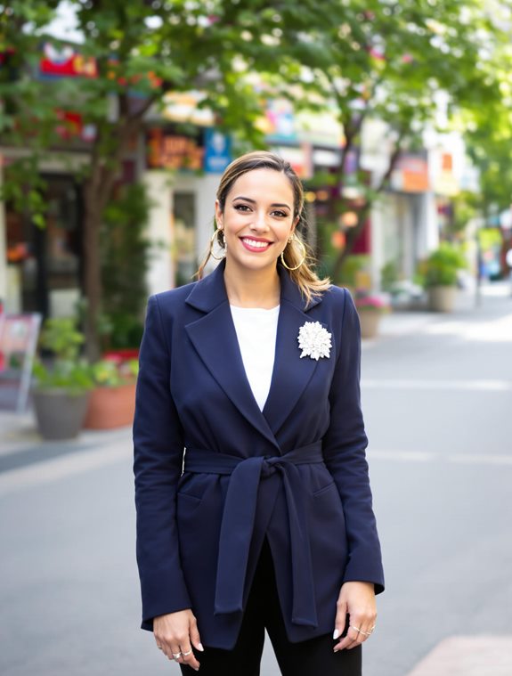 sparkly brooch on coat