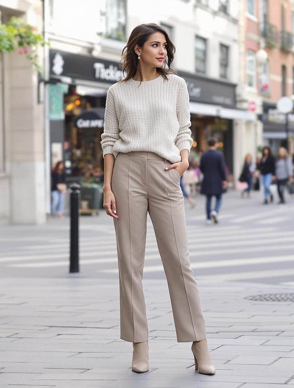 textured sweater and trousers