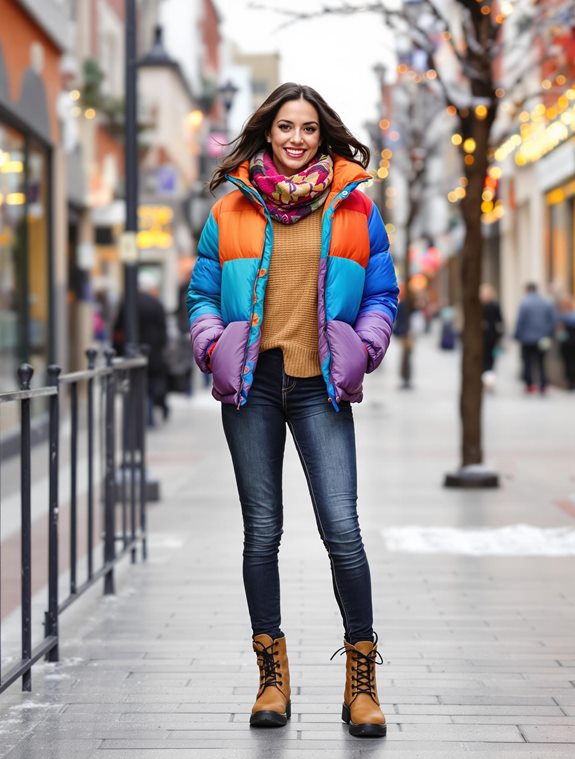 vibrant puffer jacket outfit
